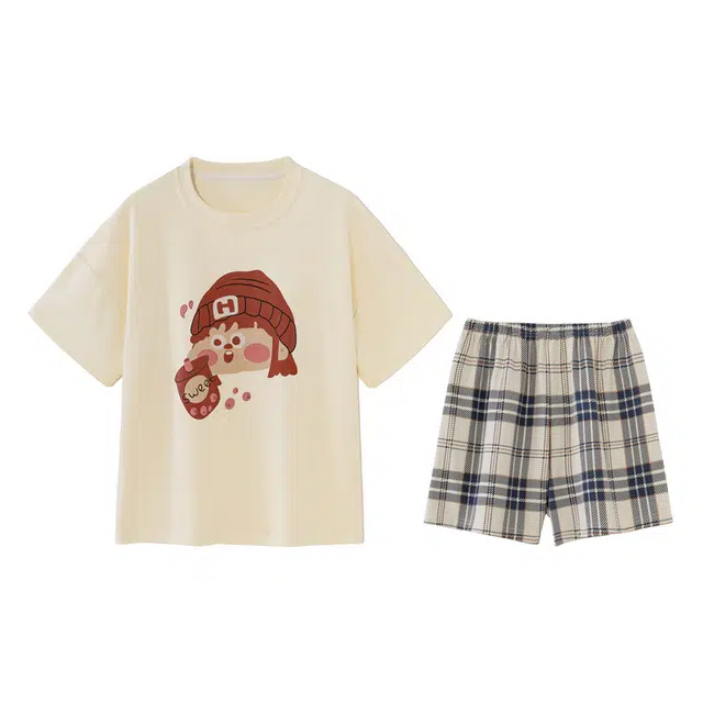 欧诗帛 甜美可外穿短袖薄款带胸垫休闲家居服睡衣套装 女款 图片色