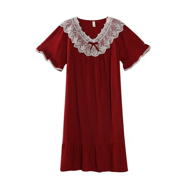俏薇妮 简约纯色柔软蕾丝边高级感短袖家居服休闲宽松舒适凉爽透气可外穿睡裙 女款 红色