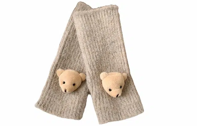 优幽兰 半指纯色小熊保暖防风防寒手腕套针织电动车骑车 设计感小众实用韩版护手 绒线手套 女款