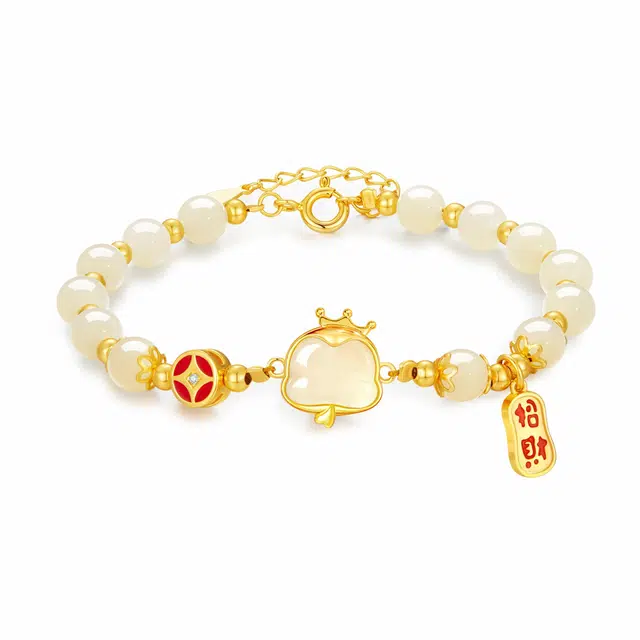 中国黄金 珍·尚银 国潮新中式玉面萌蛇 本命年生肖蛇 小众设计轻奢感 福气满满 好运纳福百搭 节日礼盒装 和田玉手链 青玉 女款