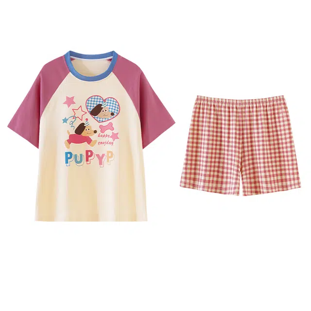 欧诗帛 甜美短袖薄款带胸垫可外穿休闲睡衣套装 女款 图片色