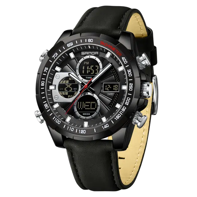 三达 时尚潮流炫酷学生运动腕表 电子+石英机芯 皮带表带 国表 男表 黑色表盘