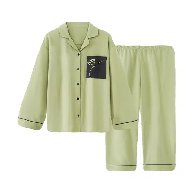 乐姿韵 轻奢时尚卡通口袋翻领开衫柔软纯棉长袖长裤宽松舒适家居服睡衣套装 女款 绿色