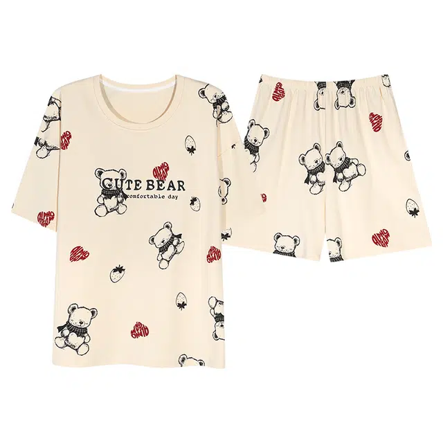 莫代尔 可外穿简约休闲轻盈柔软舒适薄款休闲细腻亲肤春夏季睡衣套装 女款 杏色