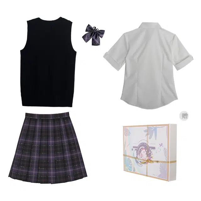 兔半眠 简约时尚通勤马甲纯色短袖衬衫格子半身裙制服 女款