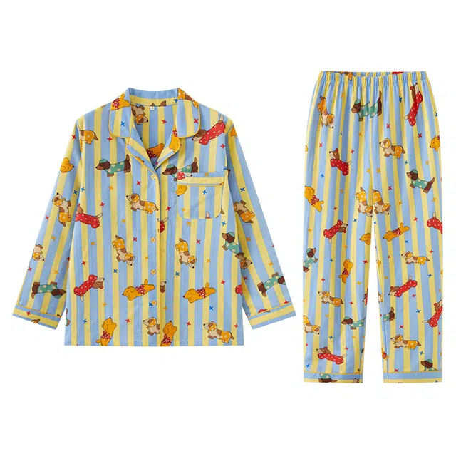 怡吾色 双层纱萌趣印花家居服简约清新撞色条纹可外穿长袖长裤睡衣套装 男女同款