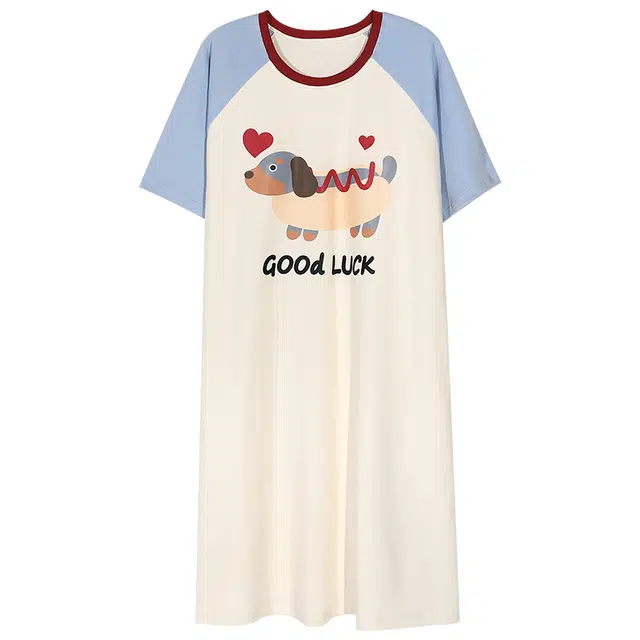 兰缪 带胸垫薄款宽松圆领套头中长款短袖睡裙 女款 图片色