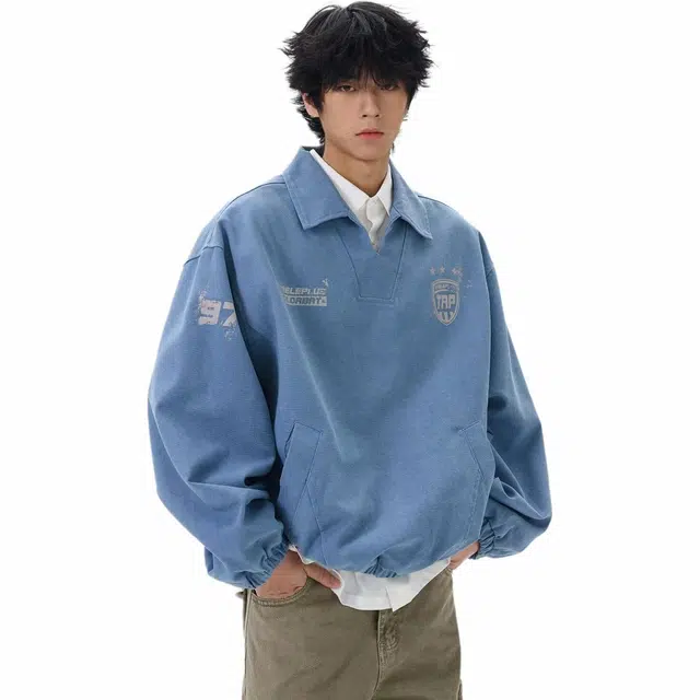 极限涡轮 潮牌重工水洗做旧运动风帆布翻领训练服夹克外套 男女同款