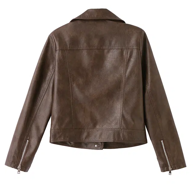 哒头下雨不愁 气质修身纯色拉链短款百搭机车服皮衣 女款