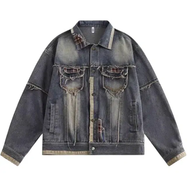 寻星记 美式高街拼接工艺打造的休闲宽松翻领开衫牛仔外套 男女同款