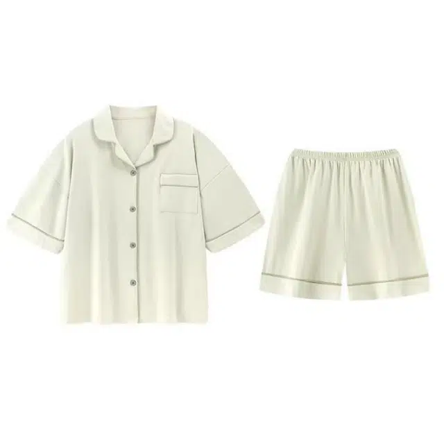 夏芬妍 简约休闲舒适时尚纯色纯棉翻领家居服亲肤宽松短袖短裤可外穿睡衣套装 女款