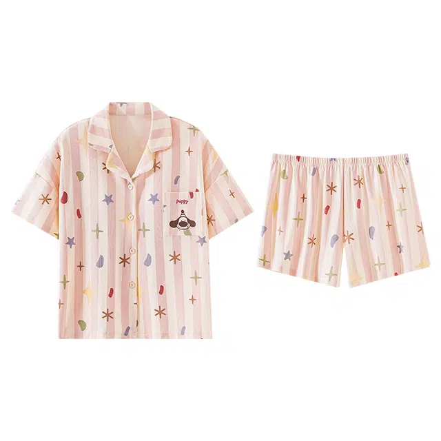 欧诗帛 甜美可外穿短袖薄款带胸垫休闲睡衣套装 女款 图片色