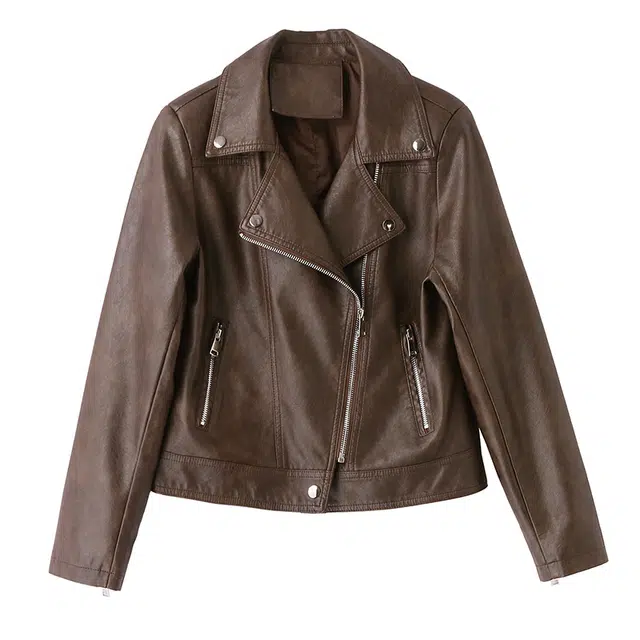 哒头下雨不愁 气质修身纯色拉链短款百搭机车服皮衣 女款