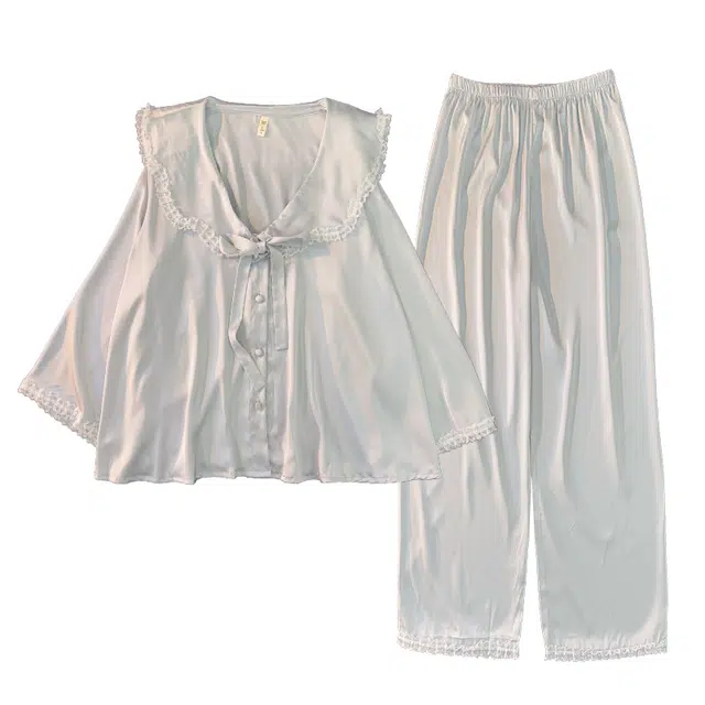 乐姿韵 带胸垫时尚纯色简约花边娃娃领亲肤凉感冰丝长袖长裤舒适睡衣套装 女款 蓝色