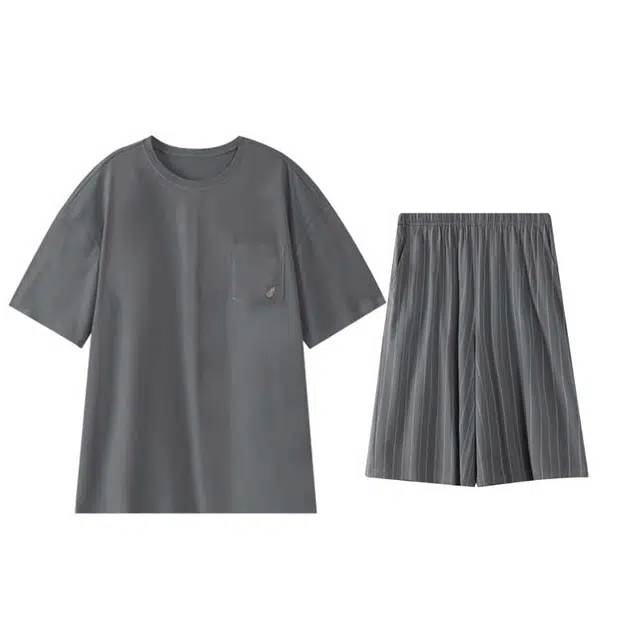 好福份 简约风纯色圆领短袖五分裤睡衣套装 男款 图片色
