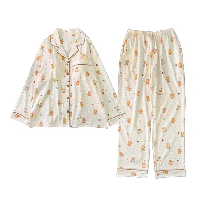 乐姿韵 带胸垫可爱卡通开衫翻领柔软长袖长裤舒适休闲家居服睡衣套装 女款 杏色