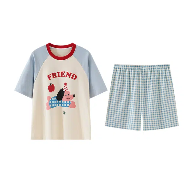 欧诗帛 短袖薄款带胸垫甜美休闲可外穿睡衣套装 女款 图片色