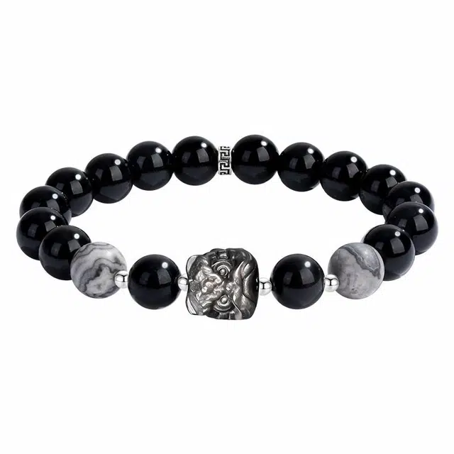 银千惠 新中式国潮醒狮招财纳福貔貅串珠 复古瑞兽呈祥转运珠招财纳福文玩绕指柔念珠佛珠男友时尚简约小众百搭首饰 黑曜石 手串 男款