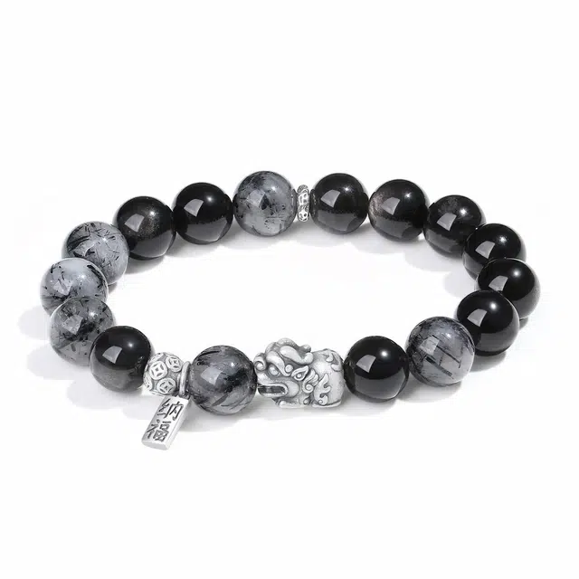 普陀山文创 新中式复古转运祥瑞醒狮串珠 平安纳福安康静心招财国风#好运 黑曜石 手串 男女同款情侣款