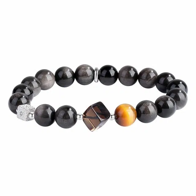 银千惠 新中式国潮国风转运珠平安纳福复古小方块盘缠招财手持绕指柔文玩佛珠盘玩念珠小众百搭款串珠可调节首饰礼盒装 黑曜石 手串 男款