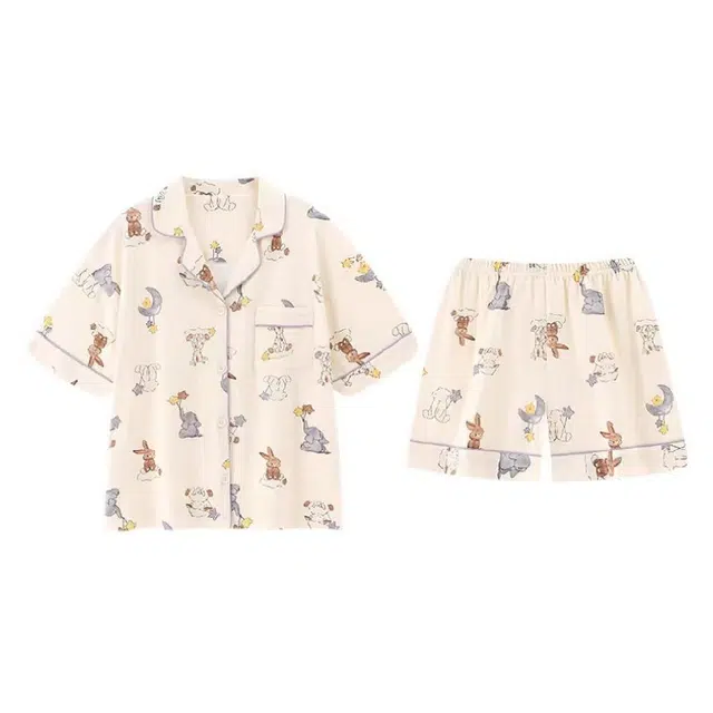 夏芬妍 甜美休闲舒适时尚动物派对纯棉翻领家居服亲肤宽松短袖短裤可外穿睡衣套装 女款 杏色