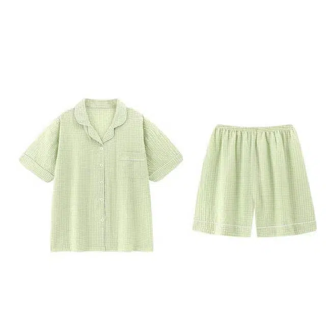夏芬妍  简约休闲舒适时尚纯色纯棉翻领家居服亲肤宽松短袖短裤可外穿睡衣套装 女款 绿色