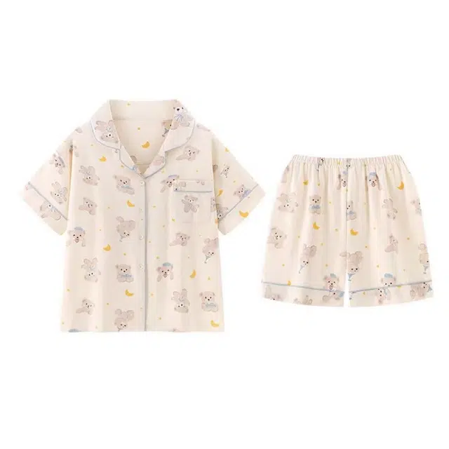 夏芬妍 甜美休闲舒适时尚月亮小熊纯棉翻领家居服亲肤宽松短袖短裤可外穿睡衣套装 女款 杏色
