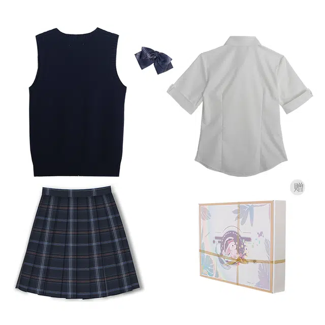 兔半眠 学院风舒适纯色马甲简约短袖衬衫格子百褶裙制服 女款
