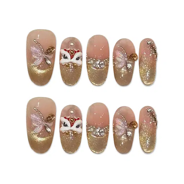 韵月乔 烫金醒狮碎钻猫眼  穿戴甲 椭圆香槟金渐变