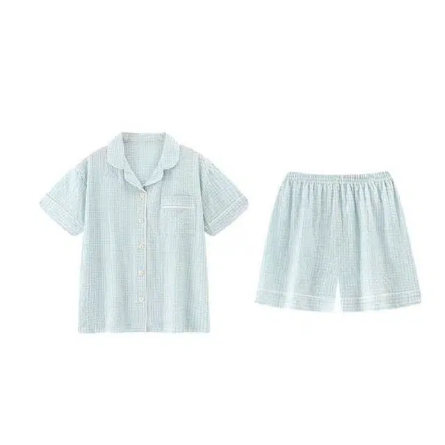 夏芬妍 简约休闲舒适时尚纯色纯棉翻领家居服亲肤宽松短袖短裤可外穿睡衣套装 女款 蓝色