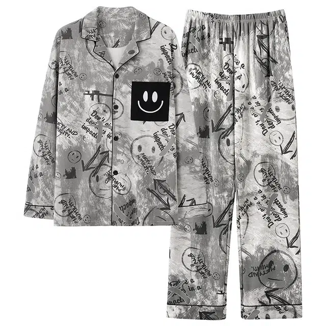 夏芬妍 时尚休闲舒适字母涂鸦笑脸贴袋翻领家居服亲肤宽松长袖长裤可外穿睡衣套装 男女同款 灰色