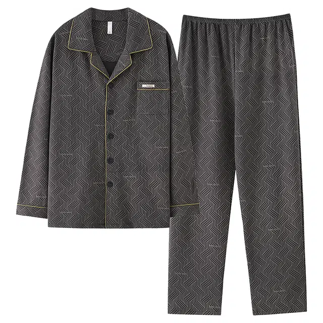 俏佳人 翻领开衫简约时尚条纹舒适透气长袖长裤家居服睡衣套装 男款 深灰色