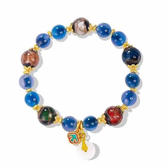 银千惠 新中式幸福圆满平安扣手腕链 国潮祥云流苏平安纳福招财串珠链 小众五彩四季发财轻奢高级感本命年女友首饰 好运 琉璃 手串 女款