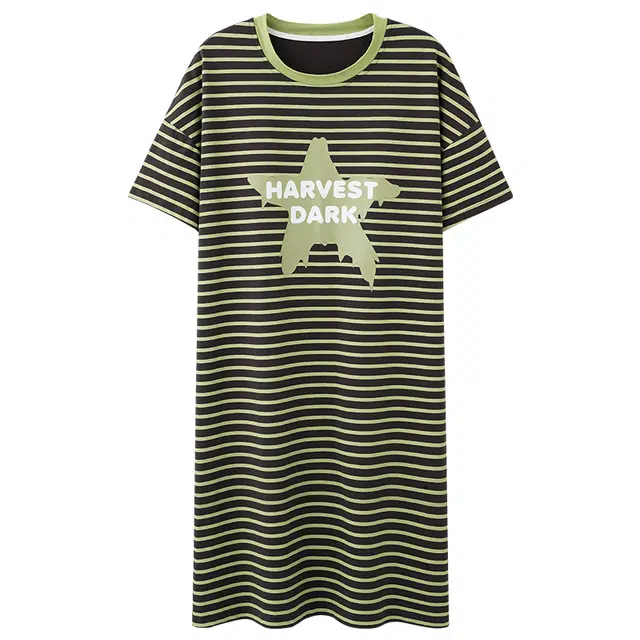 乐姿韵 简约条纹时尚卡通圆领短袖可爱休闲可外穿家居服睡裙 女款 绿色