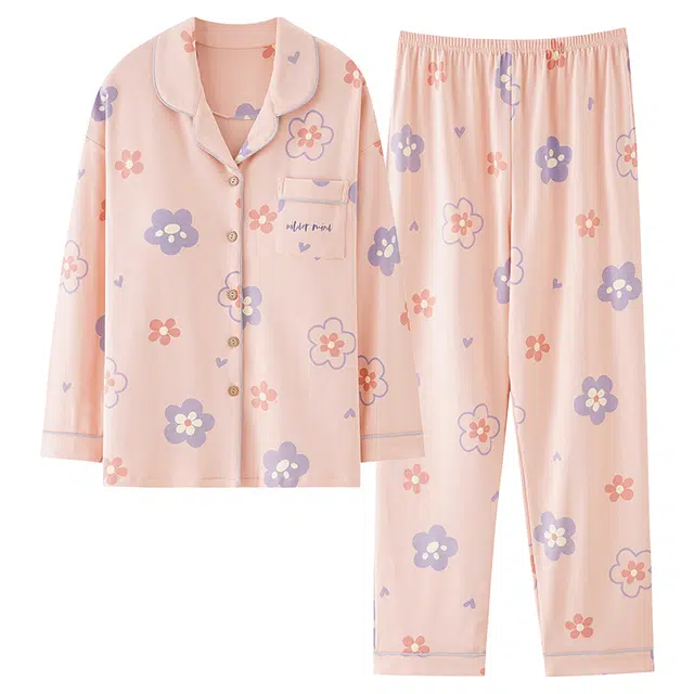 俏佳人 翻领开衫简约时尚舒适透气长袖长裤家居服睡衣套装 女款 胭脂粉