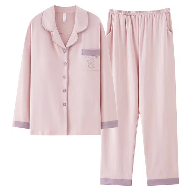 俏佳人 带胸垫开衫翻领简约基础纯棉家居服舒适透气长袖长裤睡衣套装 女款 香芋紫