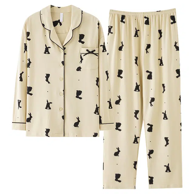 俏佳人 翻领开衫纯棉带胸垫休闲舒适透气长袖长裤睡衣套装 女款 米杏色