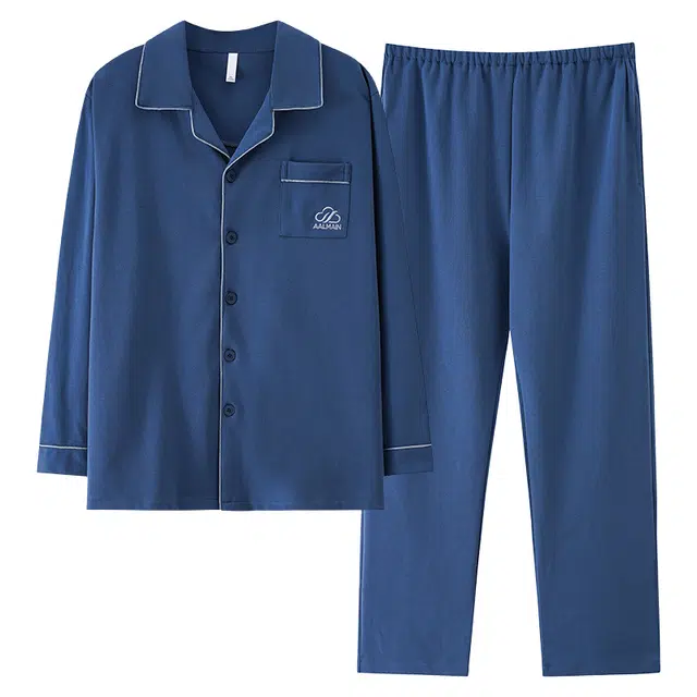 俏佳人 翻领开衫简约时尚舒适透气长袖长裤纯色家居服睡衣套装 男款 宝蓝色