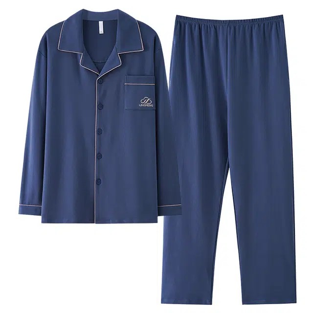 俏佳人 翻领开衫简约时尚纯色家居服舒适透气长袖长裤睡衣套装 男款 宝石蓝