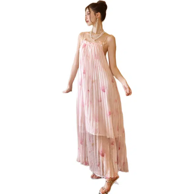 莫代尔 法式碎花通勤时尚舒适吊带连衣裙 女款 晕染冰粉