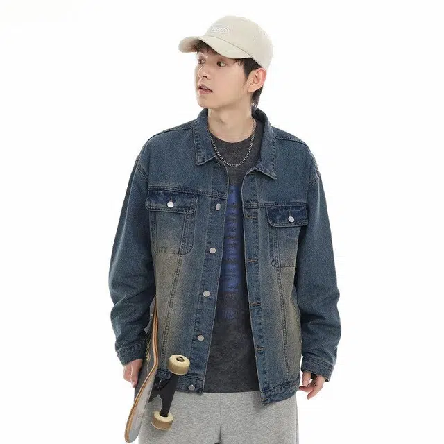 北极绒 水洗翻领复古做旧宽松休闲牛仔外套 男款