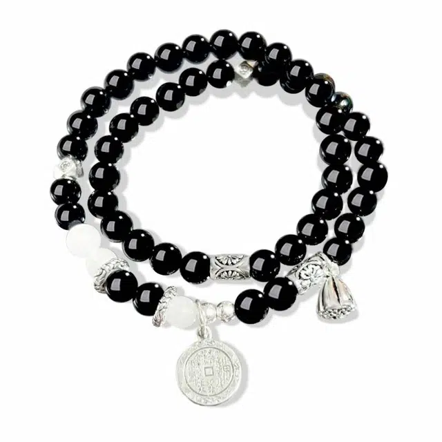 【币定发财】 银千惠 新中式双层多圈转运珠叠戴手腕链 复古时来运转国潮山鬼花钱 小众设计高级感首饰 好运 琉璃 手串 男女同款情侣款