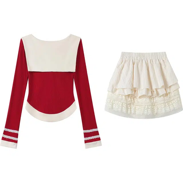 古莲菲 纯欲甜美辣妹简约裙装套装 女款 红白