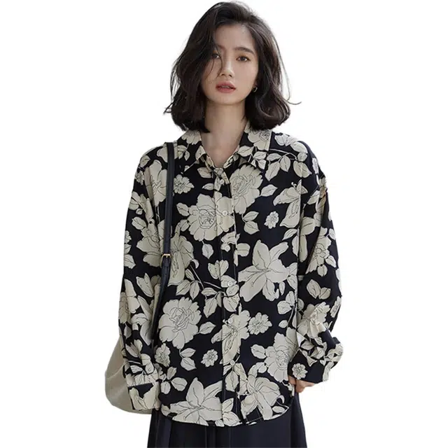 莫代尔 韩国百搭法式印花翻领贝壳扣长袖内搭衬衫 女款 花色