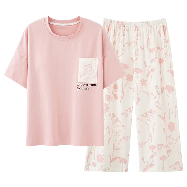 欧诗帛 休闲薄款短袖上衣可外穿家居服七分裤睡衣套装 女款 图片色