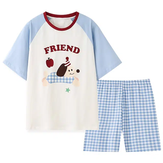 俞兆林 日系长条狗带胸垫短袖三分裤可爱时尚格子家居服可外穿睡衣套装 女款 蓝色