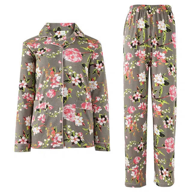 俏佳人 纯棉开衫翻领休闲舒适长袖长裤睡衣套装 女款 图片色