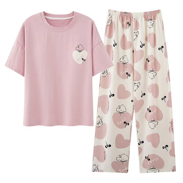 欧诗帛 圆领简约短袖上衣休闲长裤睡衣套装 女款 粉色