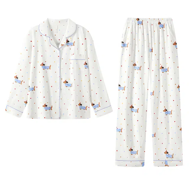 宫蝶 长袖休闲满印甜美风可外穿开衫家居服睡衣套装 女款 白色