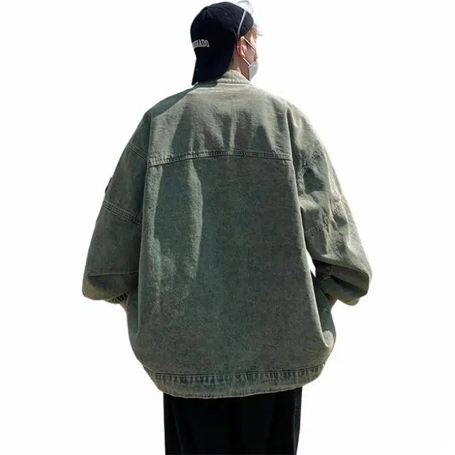 玉儿恋 美式机车复古做旧立领刺绣宽松牛仔外套 男女同款 蓝色